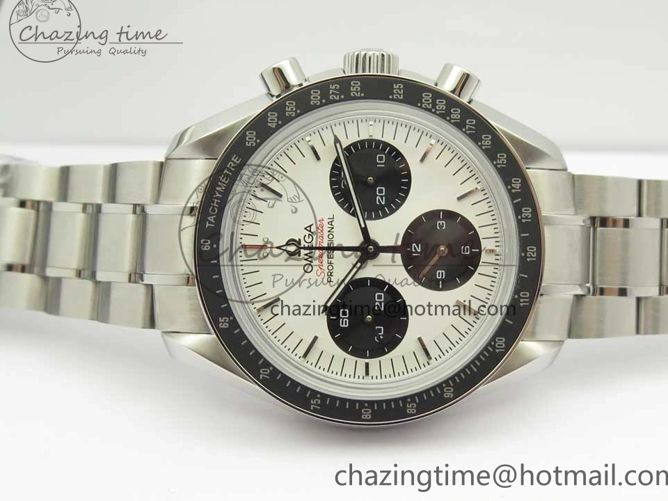 0318 WaterResistant Speedmaster SS Sapphire Crystal Panda White Black Dial on SS Bracelet Manual Winding Chrono Movement 7956